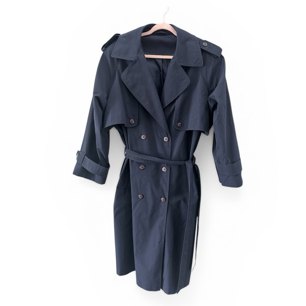 Vintage Twilight Navy Blue 90’s Euro Chic Belted Trendy Equestrian Trench Coat - Picture 2 of 8